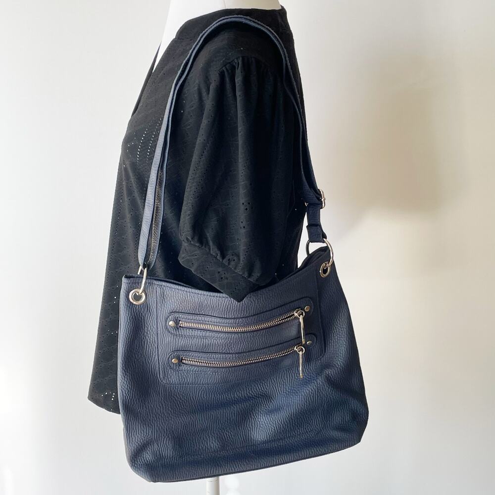 Navy Blue Slouchy Hobo Cross Body Bag Textured Vegan Leather Double Zip Pockets